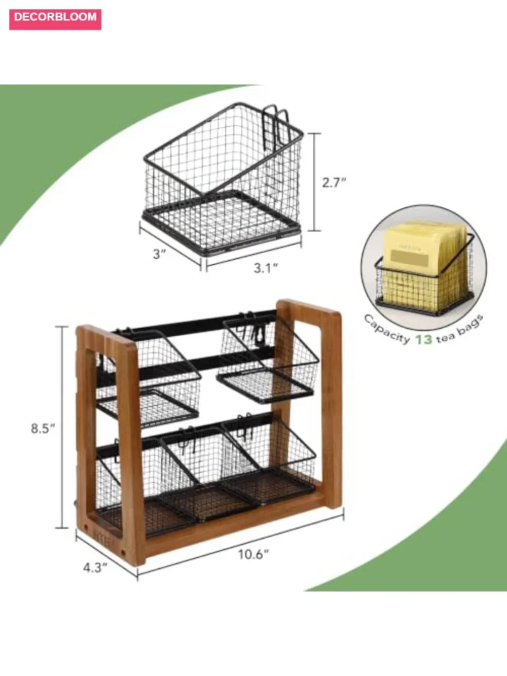 2 Tier Tea Bag Organizer with 6 Removable Baskets Acacia Wood Iron